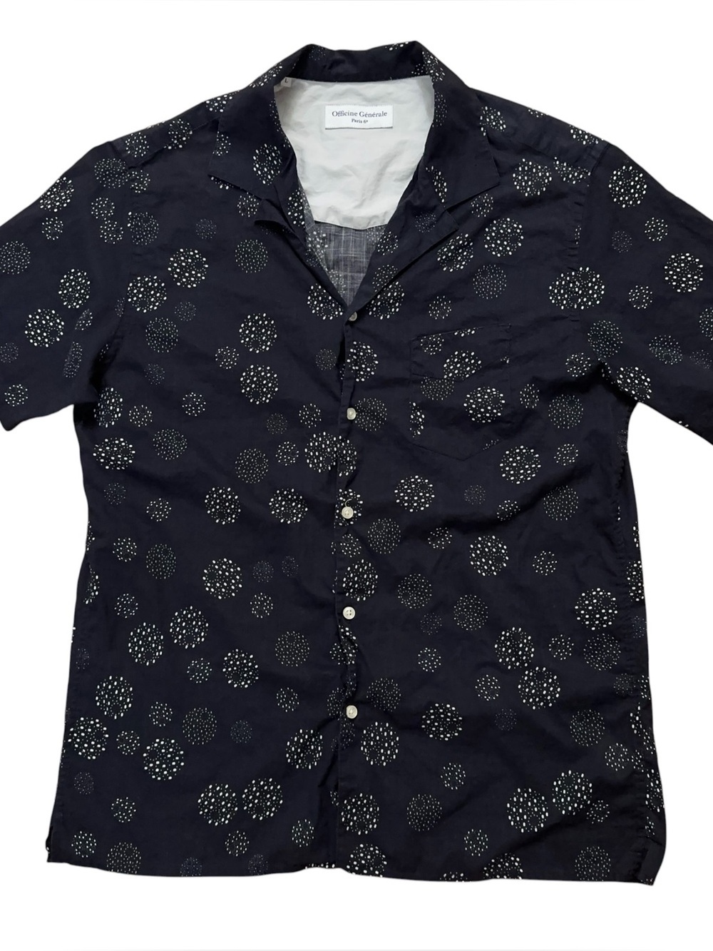 Officine Generale Paris Shirt Mens L Short Sleeve Camp Collar Geometric Blue